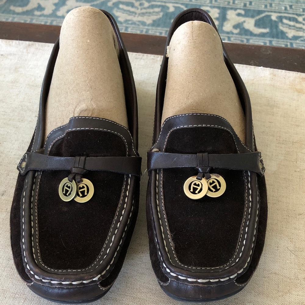 Etienne Aigner Dark Brown Suede Loafers with Gold Accents